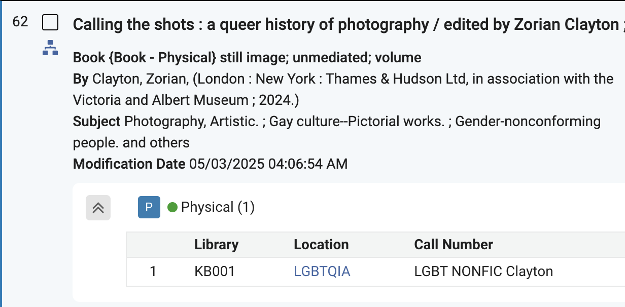 Image is a screenshot of a catalog record of a book in the LGBT collection with its holdings information.
